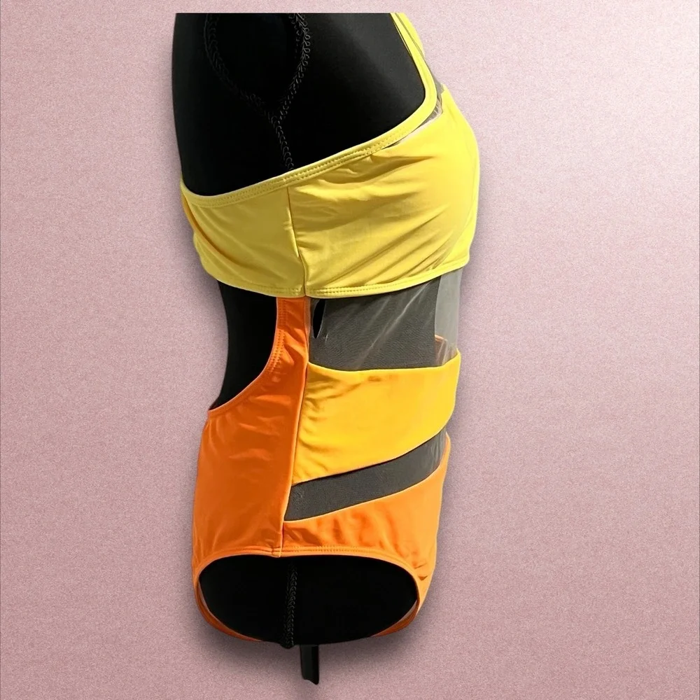 Colorblock One Shoulder Mesh‎ Cutout One Piece Swimsuit Yellow Orange High Leg L